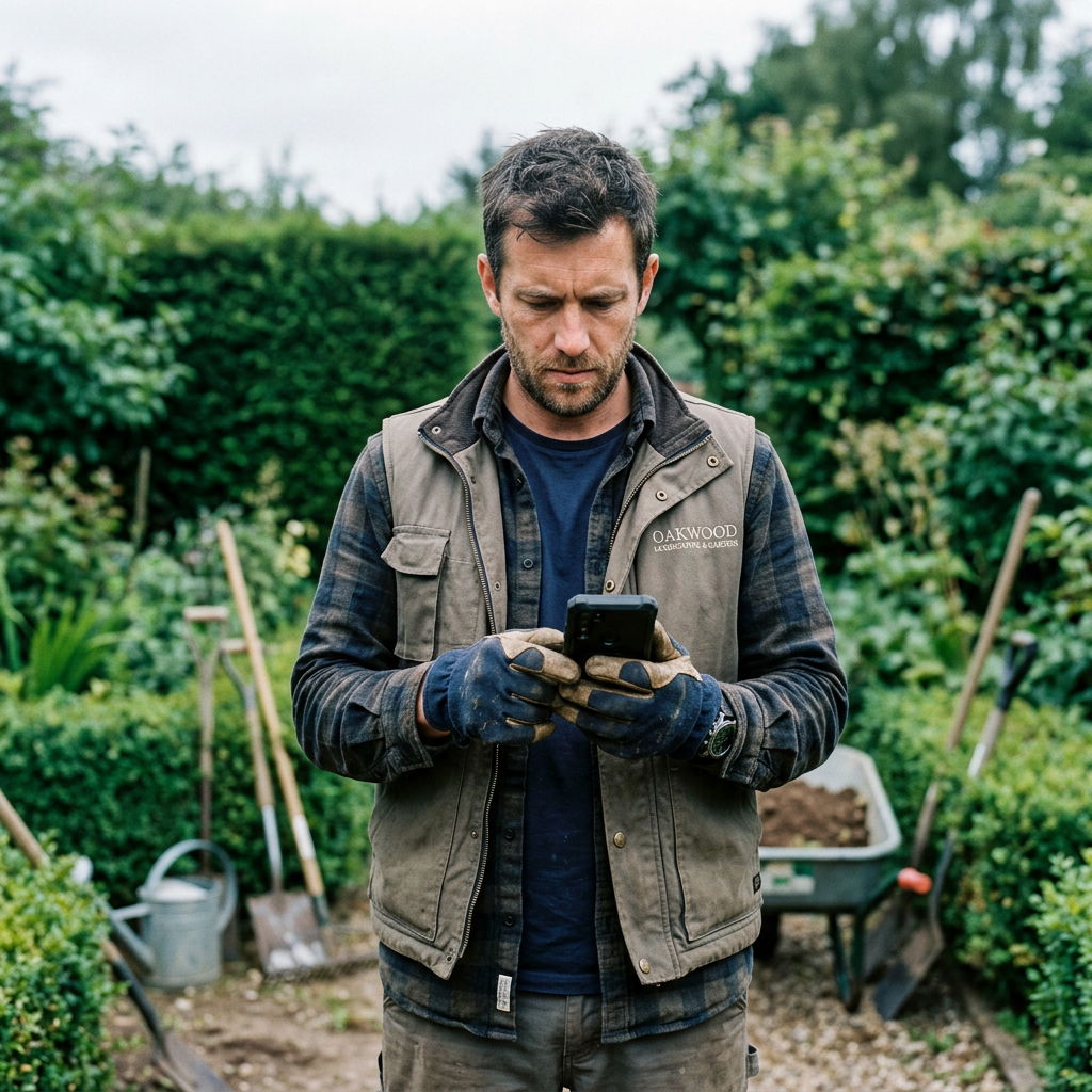 Dueño de una empresa de jardinería con el teléfono